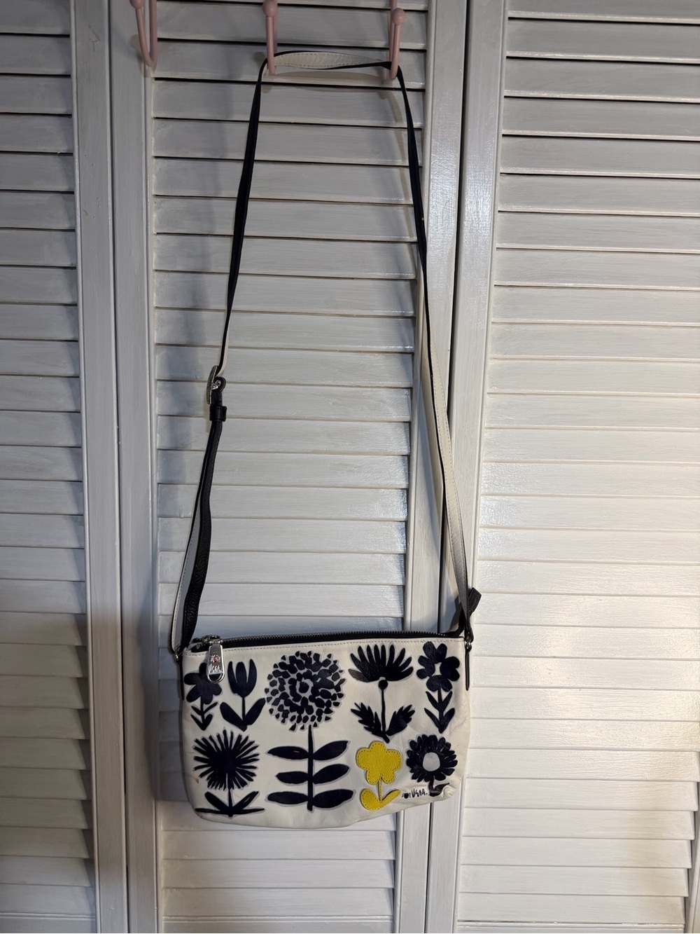 Brighton White Crossbody with Black Floral Appliqué & Yellow Accent
